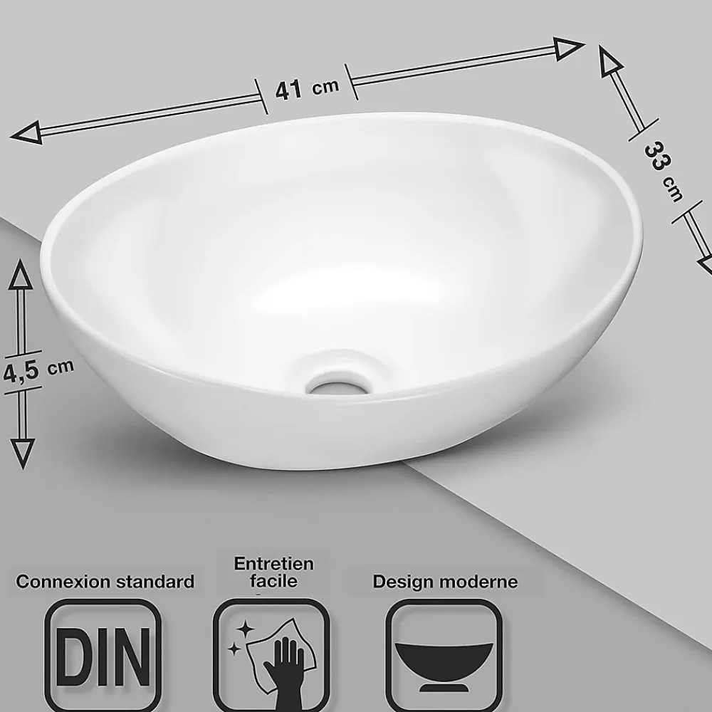 Nature Pro Lavabo ovale avec effet lotus Vasque à poser sans trou pour robinet blanc pur, 41 x 33 x 14,5 cm
