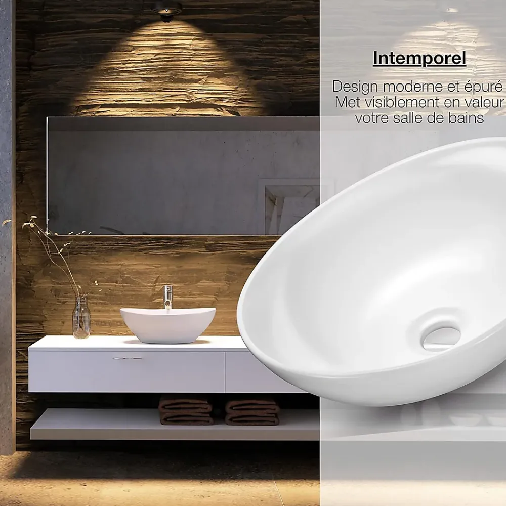Nature Pro Lavabo ovale avec effet lotus Vasque à poser sans trou pour robinet blanc pur, 41 x 33 x 14,5 cm