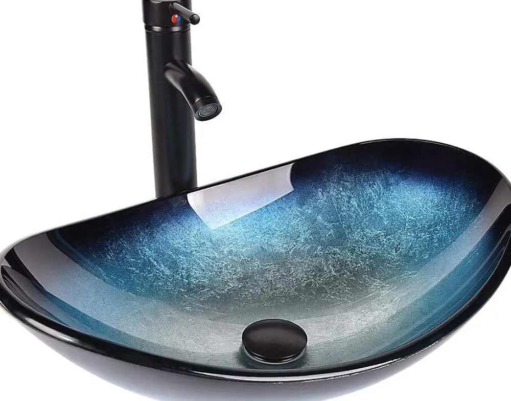 Nature Pro Lavabo Ovale en Verre avec Robinet, Vasque à Poser, Lave-Mains, Bleu Moderne, 53 x 35 x 16 cm