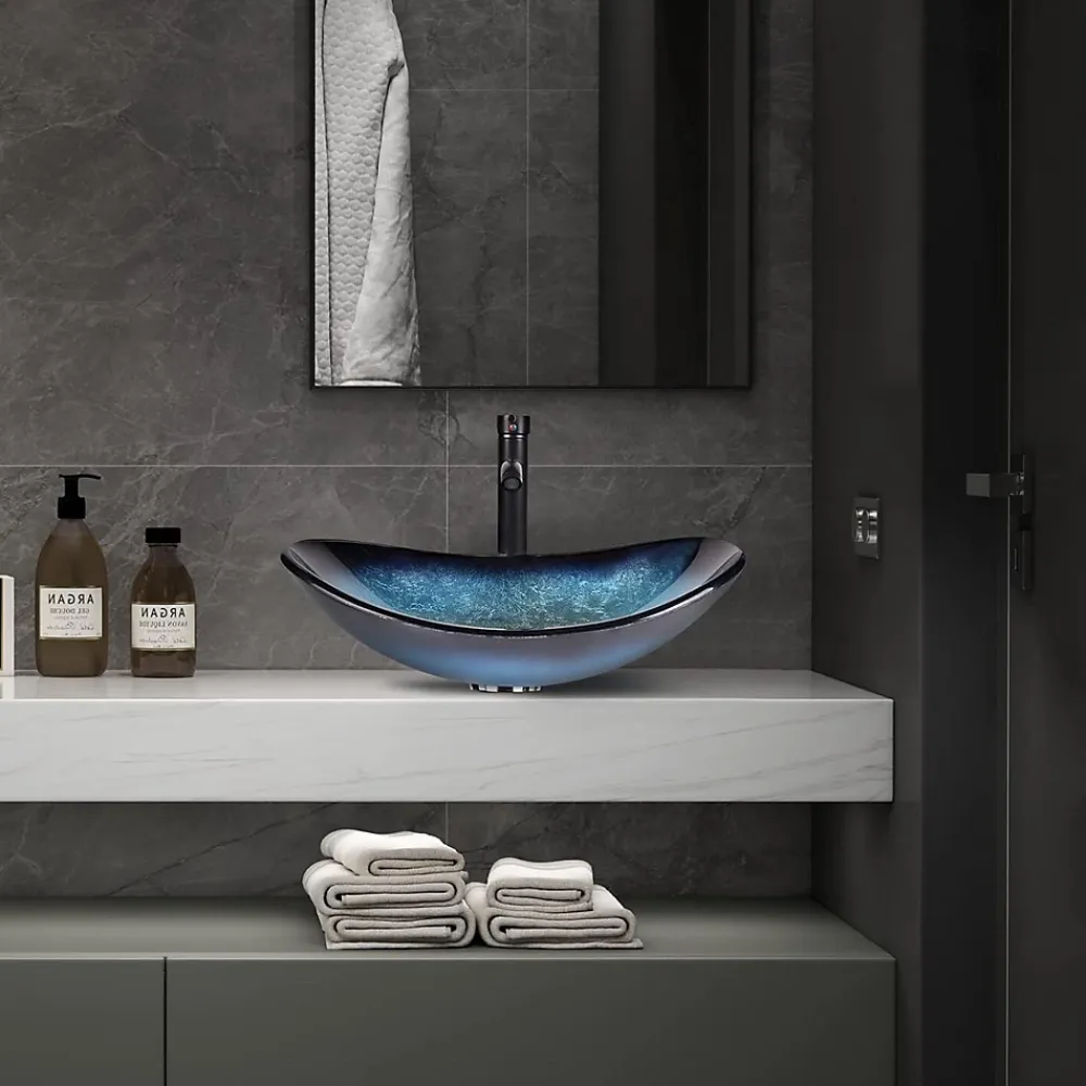 Nature Pro Lavabo Ovale en Verre avec Robinet, Vasque à Poser, Lave-Mains, Bleu Moderne, 53 x 35 x 16 cm