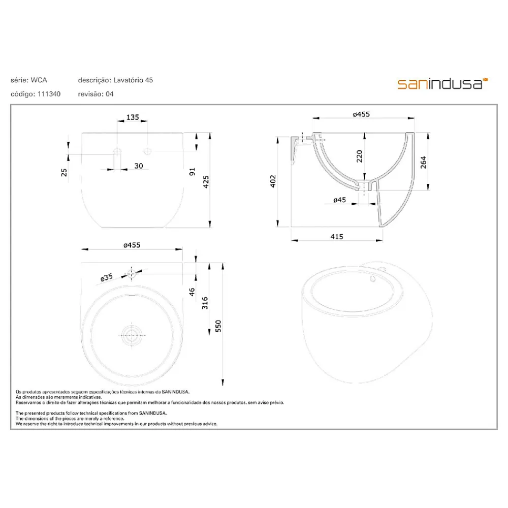 Sanindusa Lavabo suspendu cylindrique contemporain céramique traditionnelle WCA blanc (robinet non inclus)