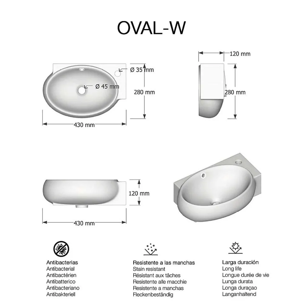 Lavabo|Poalgi Lavabo suspendu OVAL-W céramique 43x12x28 cm blanc