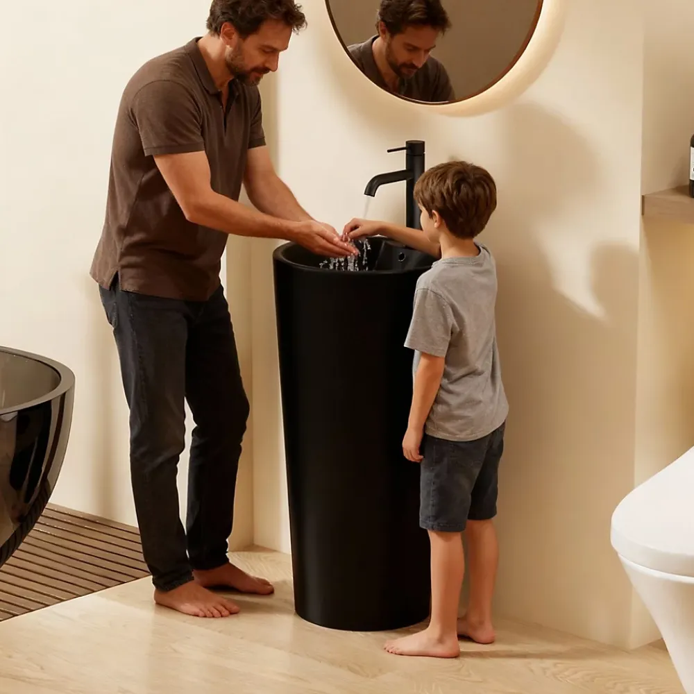Lavabo|Dileci Lavabo Totem Design Rond et Épuré Noir Mat en Céramique H83 -