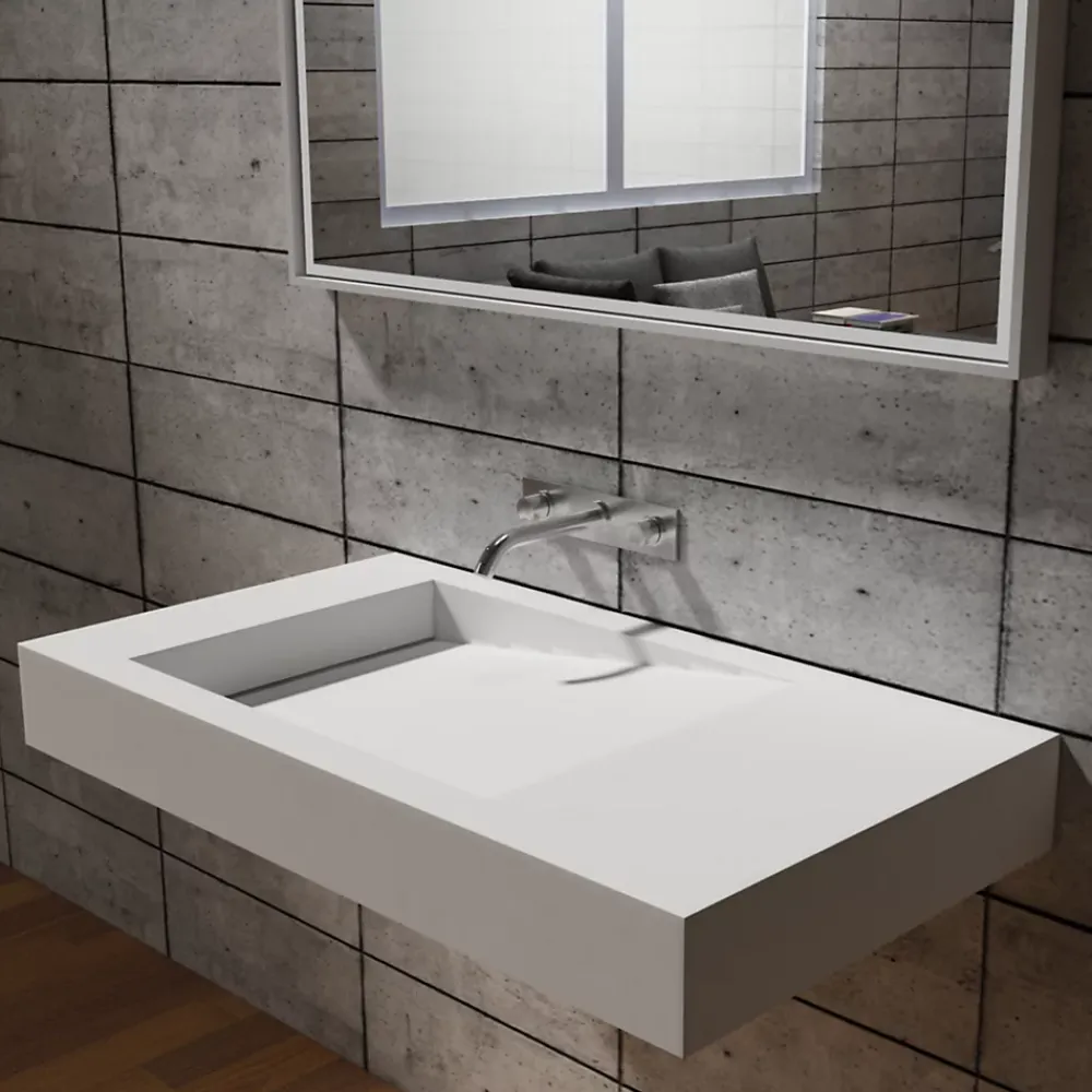Lavabo|Bernstein Lavabo Vasque suspendu blanc mat 100x50x12cm en fonte minérale, montage mural, sans trou robinetterie - PB2155