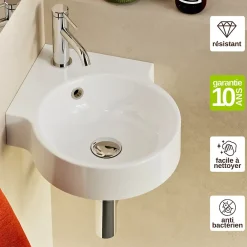 Lavabo|Lavaberg Lave main d'angle à suspendre Minéral Composite Blanc Brillant 38x38cm, H12,2cm, SAGA by Sanizéo