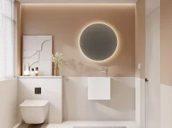 Vente-unique Lave main suspendu blanc en solid surface avec niche - Robinetterie à droite - 40 cm - PUMORI