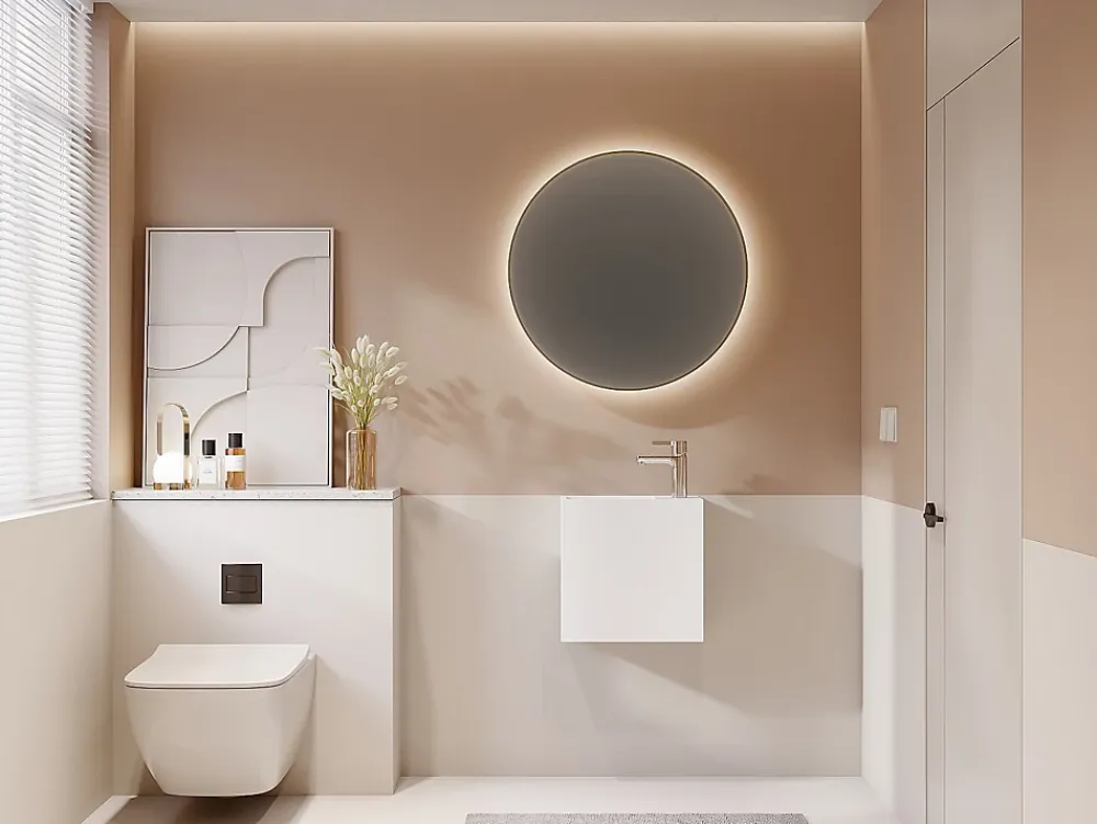 Vente-unique Lave main suspendu blanc en solid surface avec niche - Robinetterie à droite - 40 cm - PUMORI
