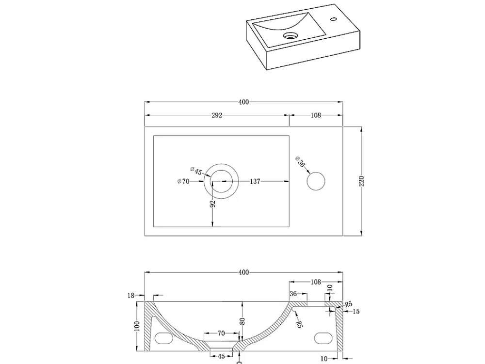 Lavabo|Vente-unique Lave main suspendu en béton avec support - Robinetterie à droite - L40 x l22 cm - UCHAMI