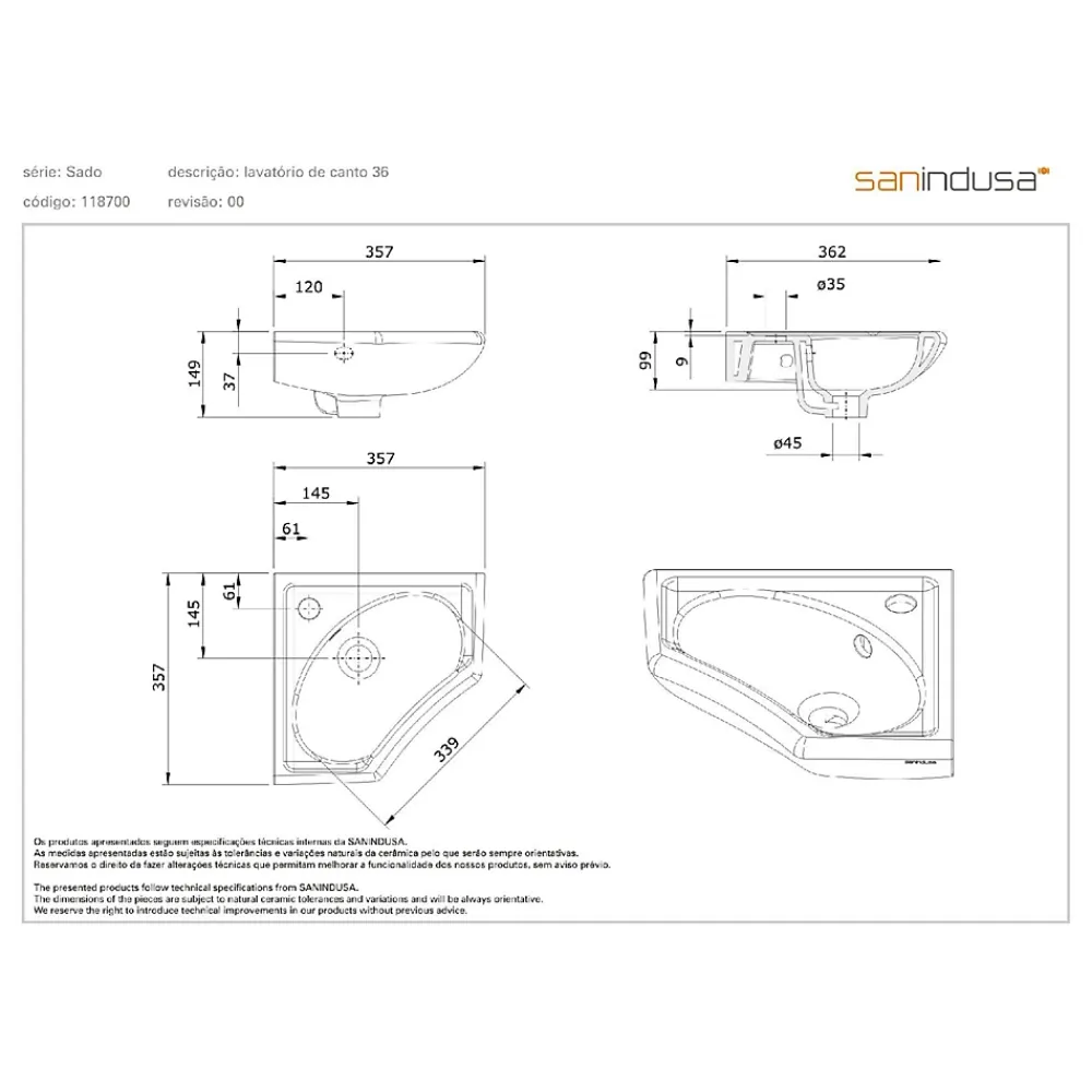 Lavabo|Sanindusa Lave mains d'angle mural céramique traditionnelle 36x36 Sado blanc (robinet non inclus)