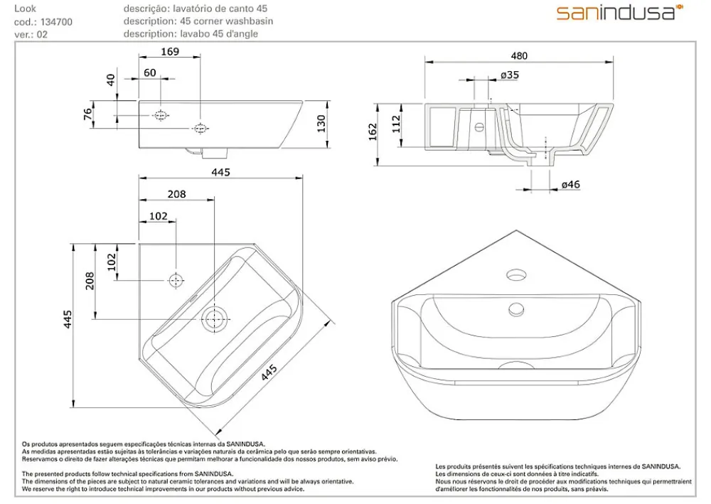 Sanindusa Lave mains d'angle mural céramique traditionnelle Look 45x45 blanc (robinet et vidage non inclus)