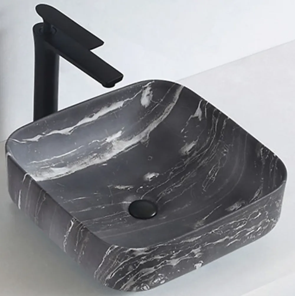 Vasque À Poser|Bernstein Lave-mains à poser céramique KW6134, 38,5 x 38,5 x 13,5 cm, Aspect marbre noir mat, Avec cache chrome