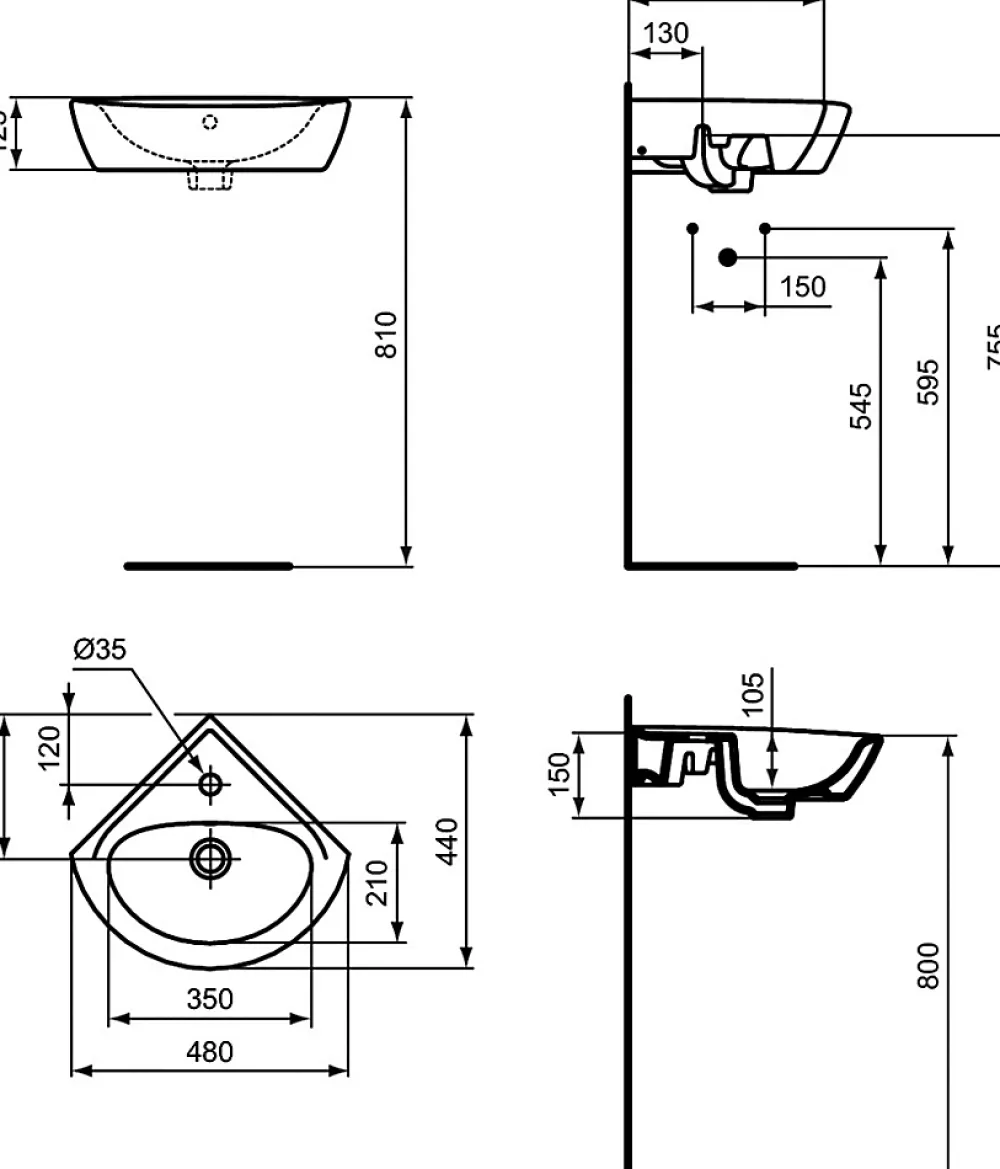 Lavabo|Porcher Lave-mains d'angle Ulysse (44 cm) - Longueur: 340 mm - Largeur: 480 mm - Profondeur: 440 mm - Blanc
