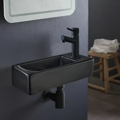 Lavabo|Planète Bain Lave-mains gain de place noir mat à suspendre 37 x 15 cm - robinet à droite - Longine