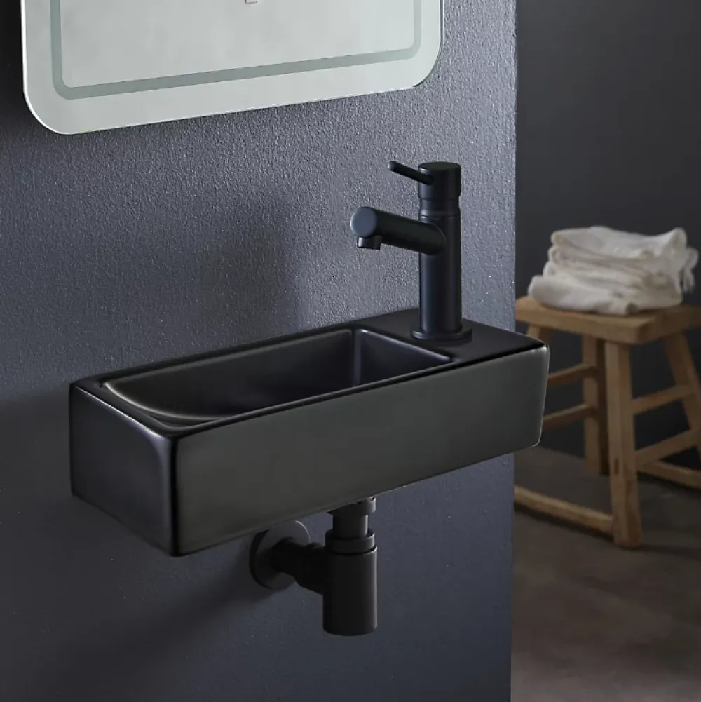 Lavabo|Planète Bain Lave-mains gain de place noir mat à suspendre 37 x 15 cm - robinet à droite - Longine