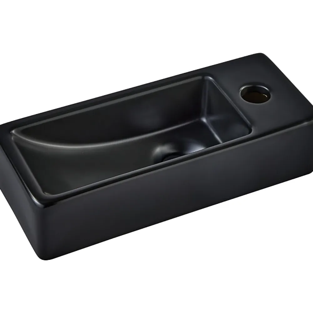 Lavabo|Planète Bain Lave-mains gain de place noir mat à suspendre 37 x 15 cm - robinet à droite - Longine