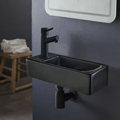 Planète Bain Lave-mains gain de place noir mat à suspendre 37 x 15 cm - robinet à gauche - Longine