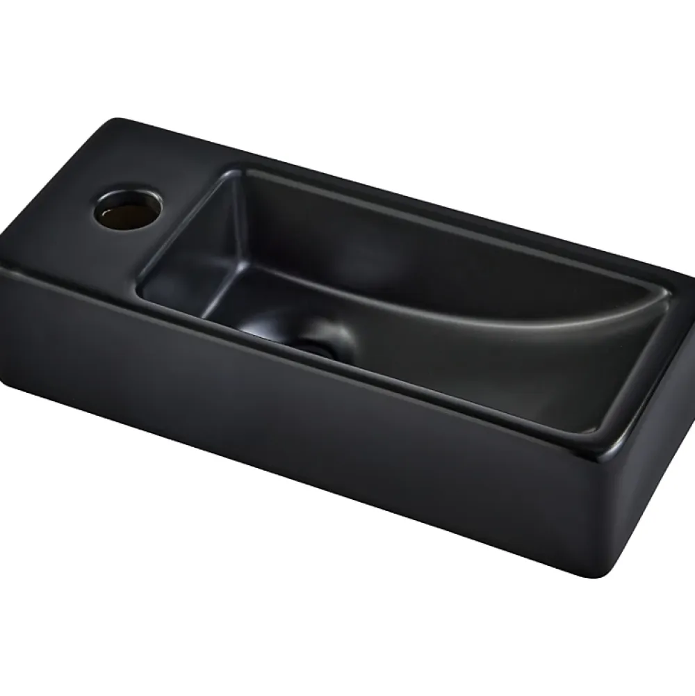 Planète Bain Lave-mains gain de place noir mat à suspendre 37 x 15 cm - robinet à gauche - Longine