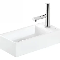 Sanindusa Lave-mains mural compact porcelaine Note blanc cuve à gauche 36x18 avec trou robinet (mitigeur et vidage non inclus)