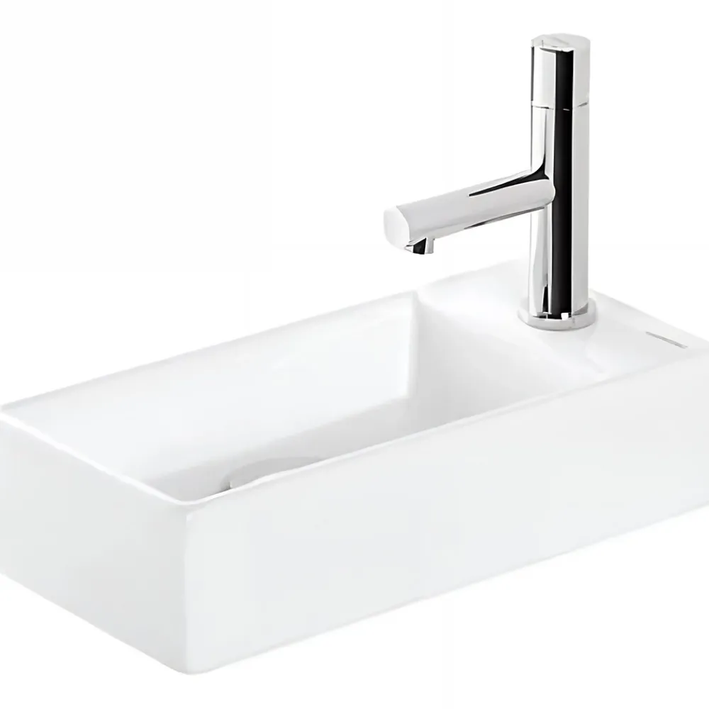 Sanindusa Lave-mains mural compact porcelaine Note blanc cuve à gauche 36x18 avec trou robinet (mitigeur et vidage non inclus)
