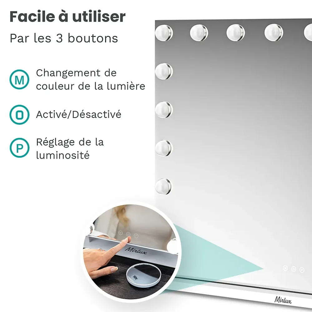 Mirlux LED Miroir Maquillage Hollywood 80x60cm, 2 haut-parleurs Bluetooth, recharge USB & USB-C, Grossissement 10x, Noir