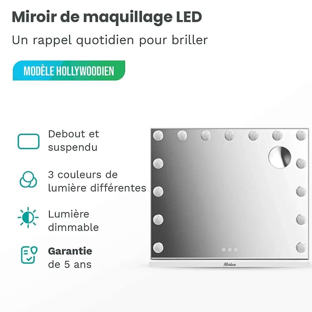 Mirlux LED Miroir Maquillage Hollywood 58x48cm, 2 haut-parleurs Bluetooth, recharge USB & USB-C, Grossissement 10x, blanc