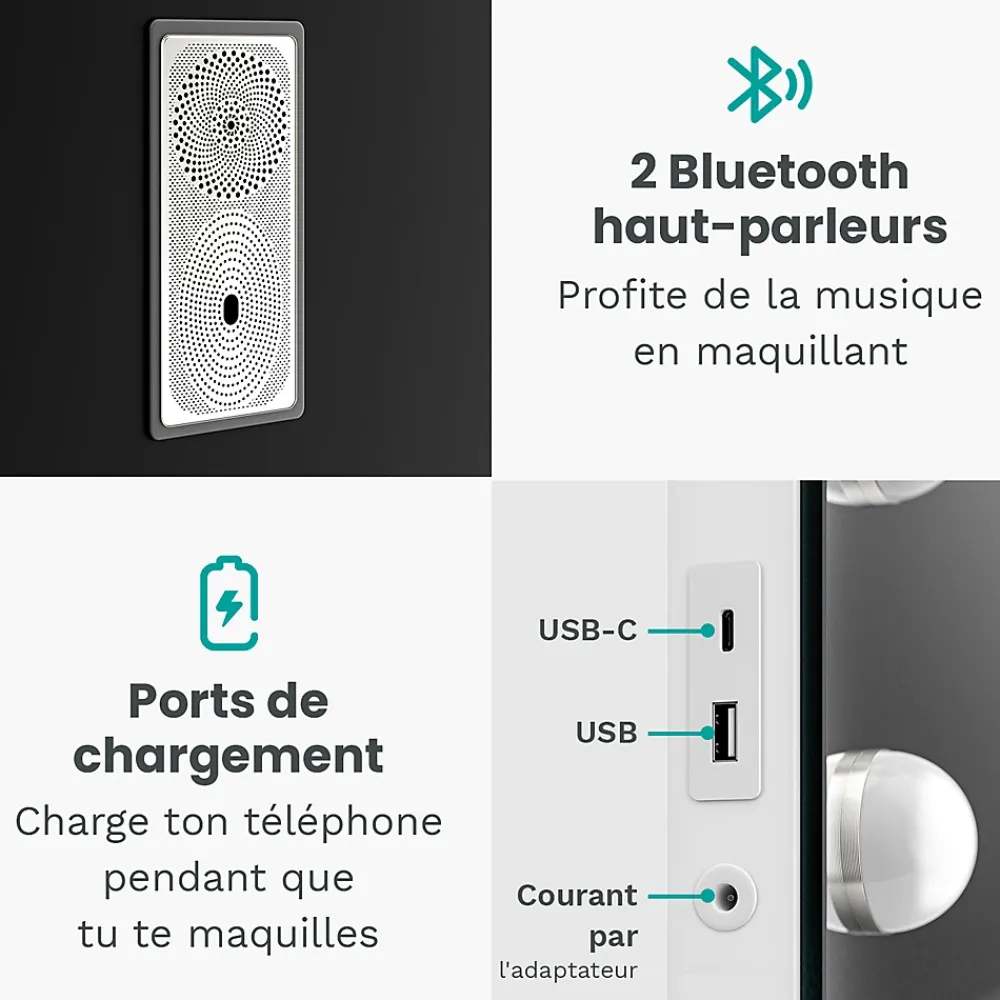Mirlux LED Miroir Maquillage Hollywood 58x48cm, 2 haut-parleurs Bluetooth, recharge USB & USB-C, Grossissement 10x, blanc