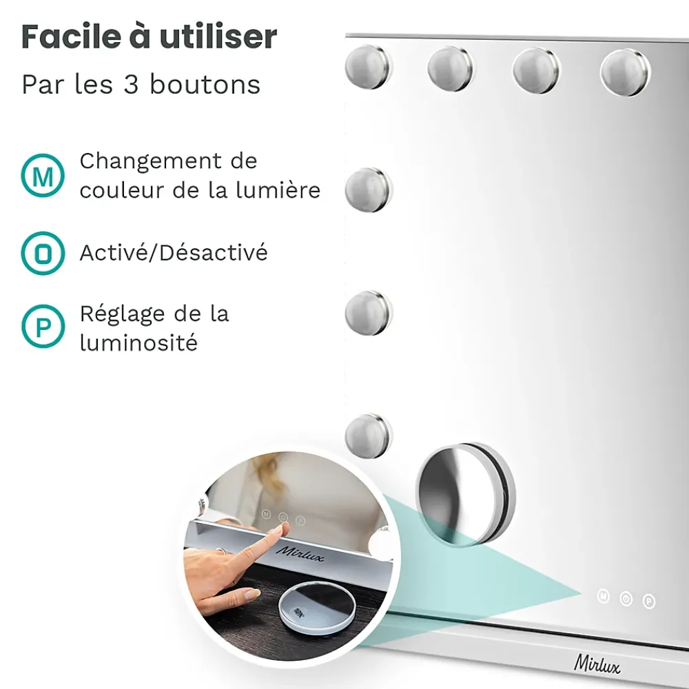 Mirlux LED Miroir Maquillage Hollywood 58x48cm, 2 haut-parleurs Bluetooth, recharge USB & USB-C, Grossissement 10x, blanc