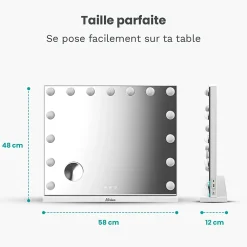 Mirlux LED Miroir Maquillage Hollywood 58x48cm, 2 haut-parleurs Bluetooth, recharge USB & USB-C, Grossissement 10x, blanc