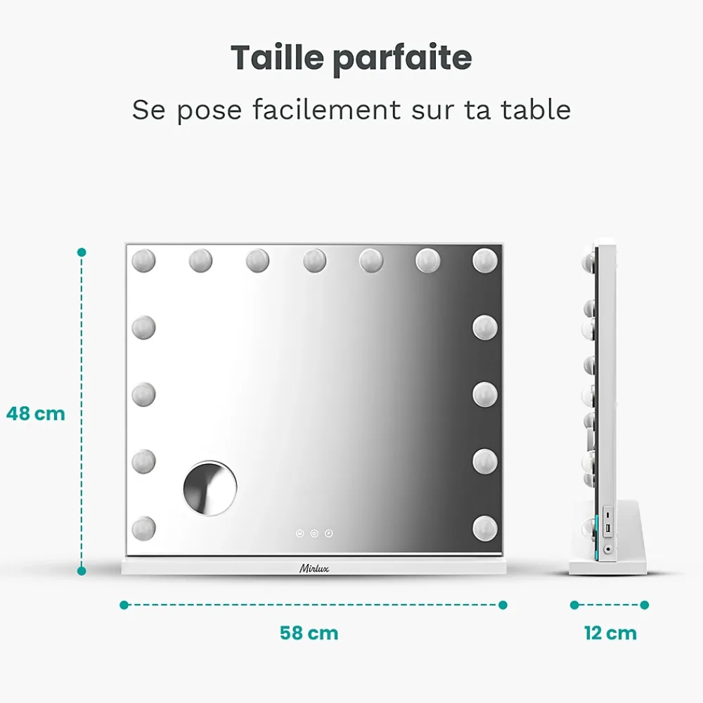 Mirlux LED Miroir Maquillage Hollywood 58x48cm, 2 haut-parleurs Bluetooth, recharge USB & USB-C, Grossissement 10x, blanc