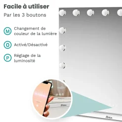 Mirlux LED Miroir maquillage Hollywood 80x60cm, recharge USB & USB-C, Blanc, Technologie Anti-scintillement