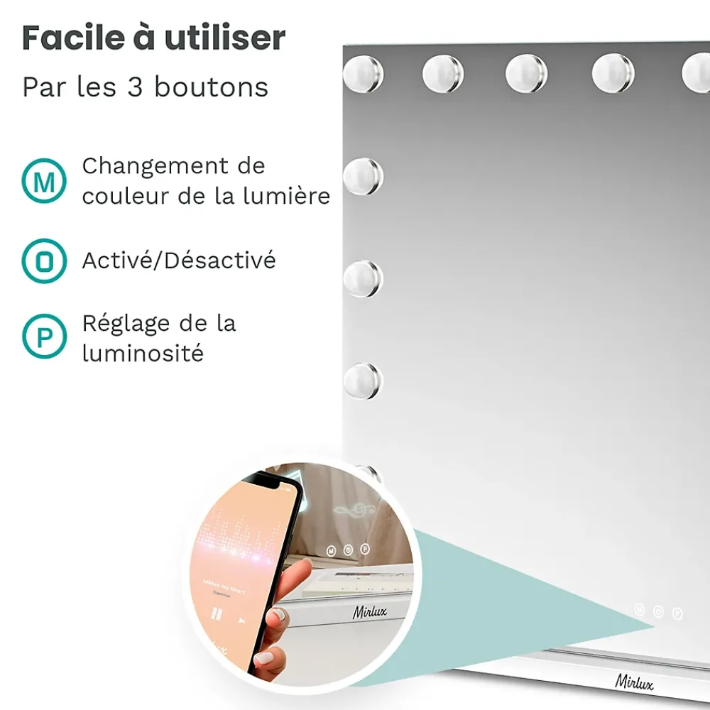 Mirlux LED Miroir maquillage Hollywood 80x60cm, recharge USB & USB-C, Blanc, Technologie Anti-scintillement