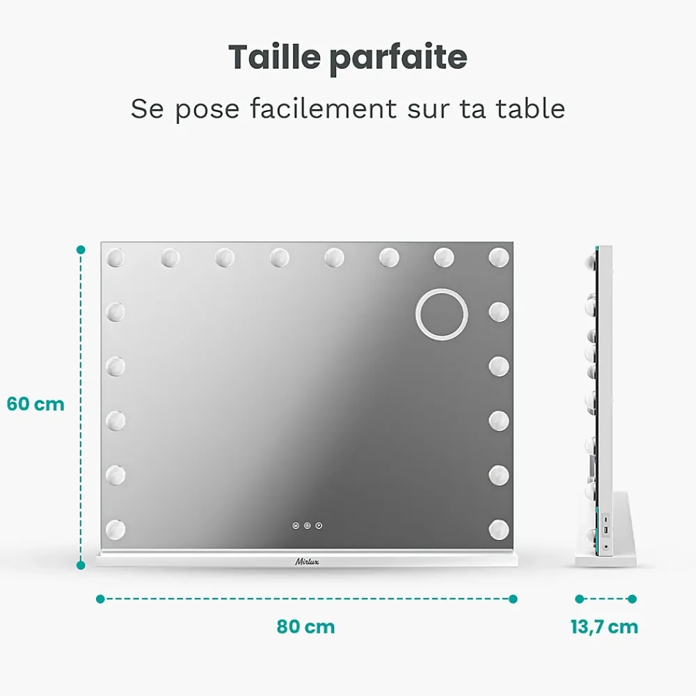 Mirlux LED Miroir maquillage Hollywood 80x60cm, recharge USB & USB-C, Blanc, Technologie Anti-scintillement