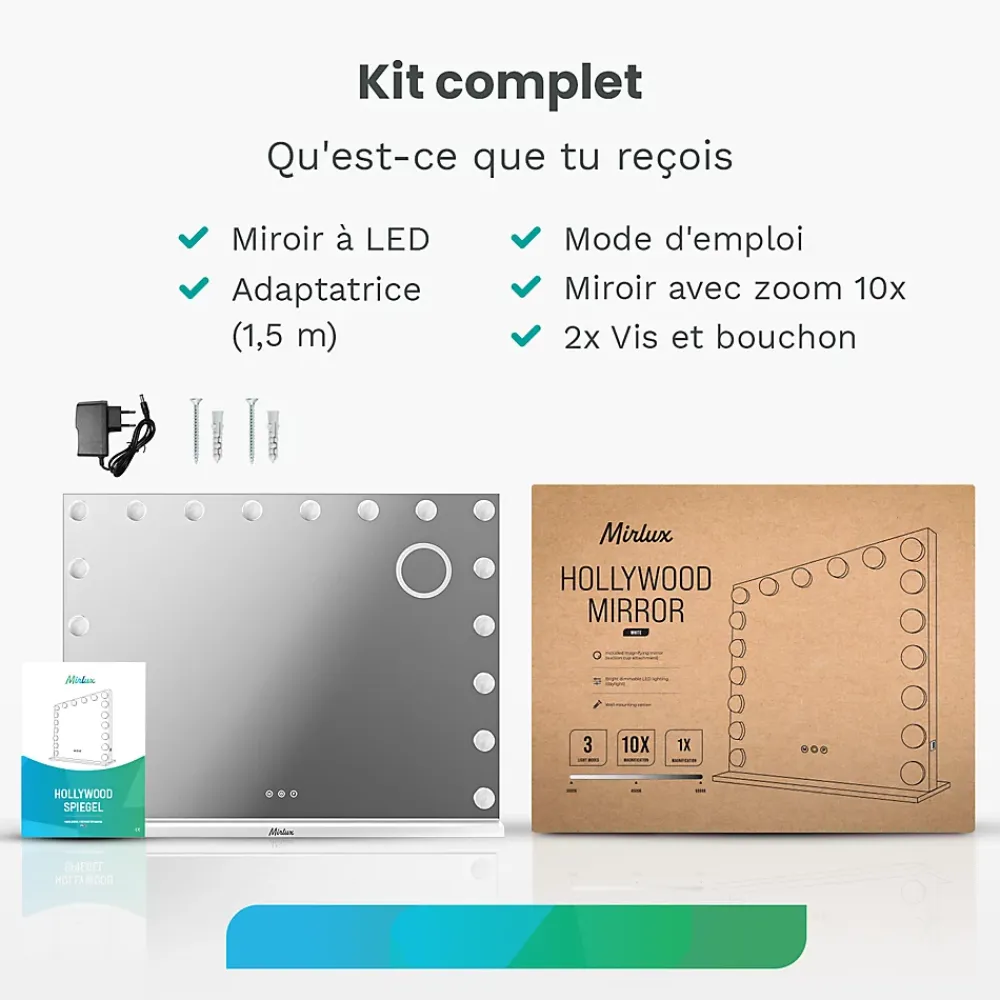 Mirlux LED Miroir maquillage Hollywood 80x60cm, recharge USB & USB-C, Blanc, Technologie Anti-scintillement
