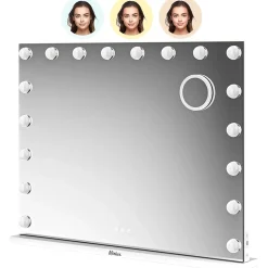 Mirlux LED Miroir Maquillage Hollywood 80x60cm, 2 haut-parleurs Bluetooth, recharge USB & USB-C, Grossissement 10x, Blanc