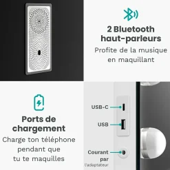 Mirlux LED Miroir Maquillage Hollywood 80x60cm, 2 haut-parleurs Bluetooth, recharge USB & USB-C, Grossissement 10x, Blanc
