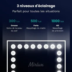Mirlux LED Miroir Maquillage Hollywood 80x60cm, 2 haut-parleurs Bluetooth, recharge USB & USB-C, Grossissement 10x, Blanc