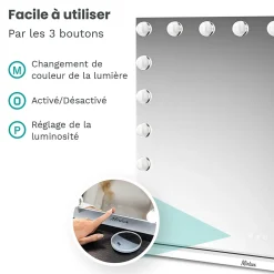Mirlux LED Miroir Maquillage Hollywood 80x60cm, 2 haut-parleurs Bluetooth, recharge USB & USB-C, Grossissement 10x, Blanc