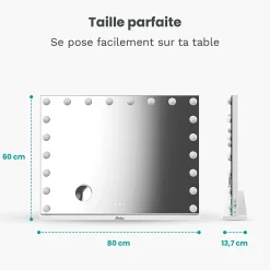 Mirlux LED Miroir Maquillage Hollywood 80x60cm, 2 haut-parleurs Bluetooth, recharge USB & USB-C, Grossissement 10x, Blanc