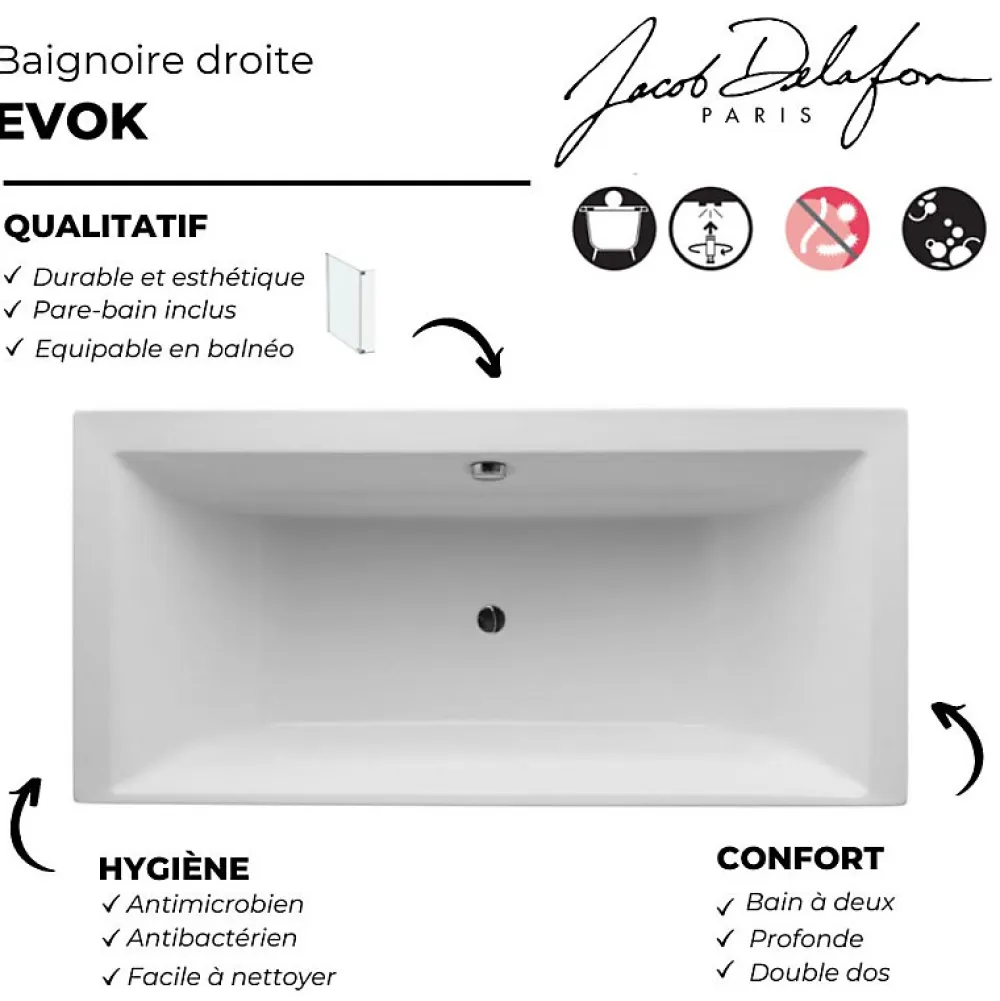 Baignoire Droite|Jacob Delafon Lot baignoire droite 170 X 70 Evok + pare-bain noir mat