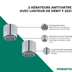 Accessoire De Robinet|Presto Lot de 2 aérateurs antitartre avec limiteur de débit 1,9 l/min F 22x1 chromé