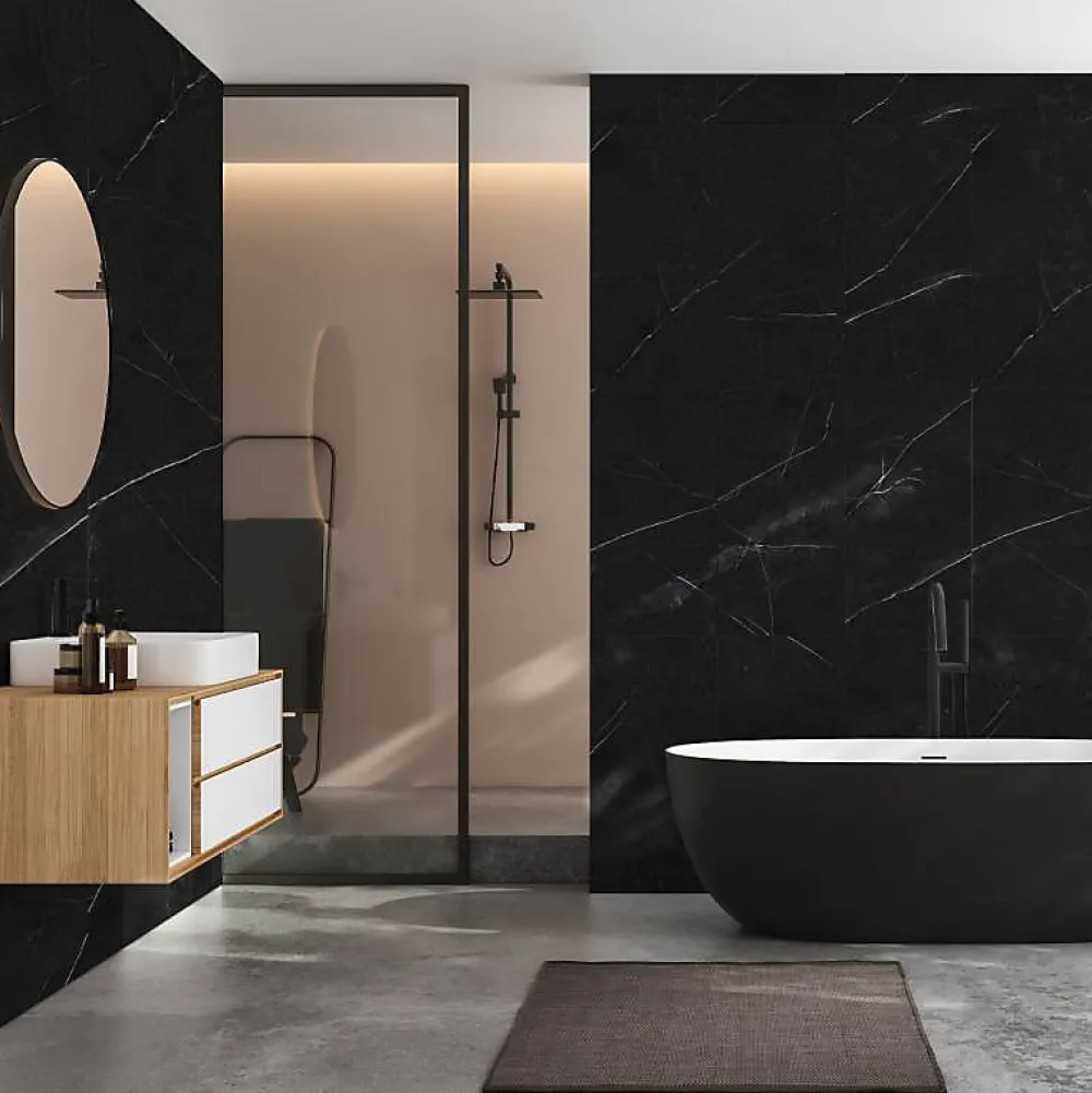 Panneau Mural De Salle De Bains|Decoon Lot de 8 Dalles Murales Douche SPC/PVC Décor Marbre Noir satiné - 38,9x77,8cm - 2,42M²