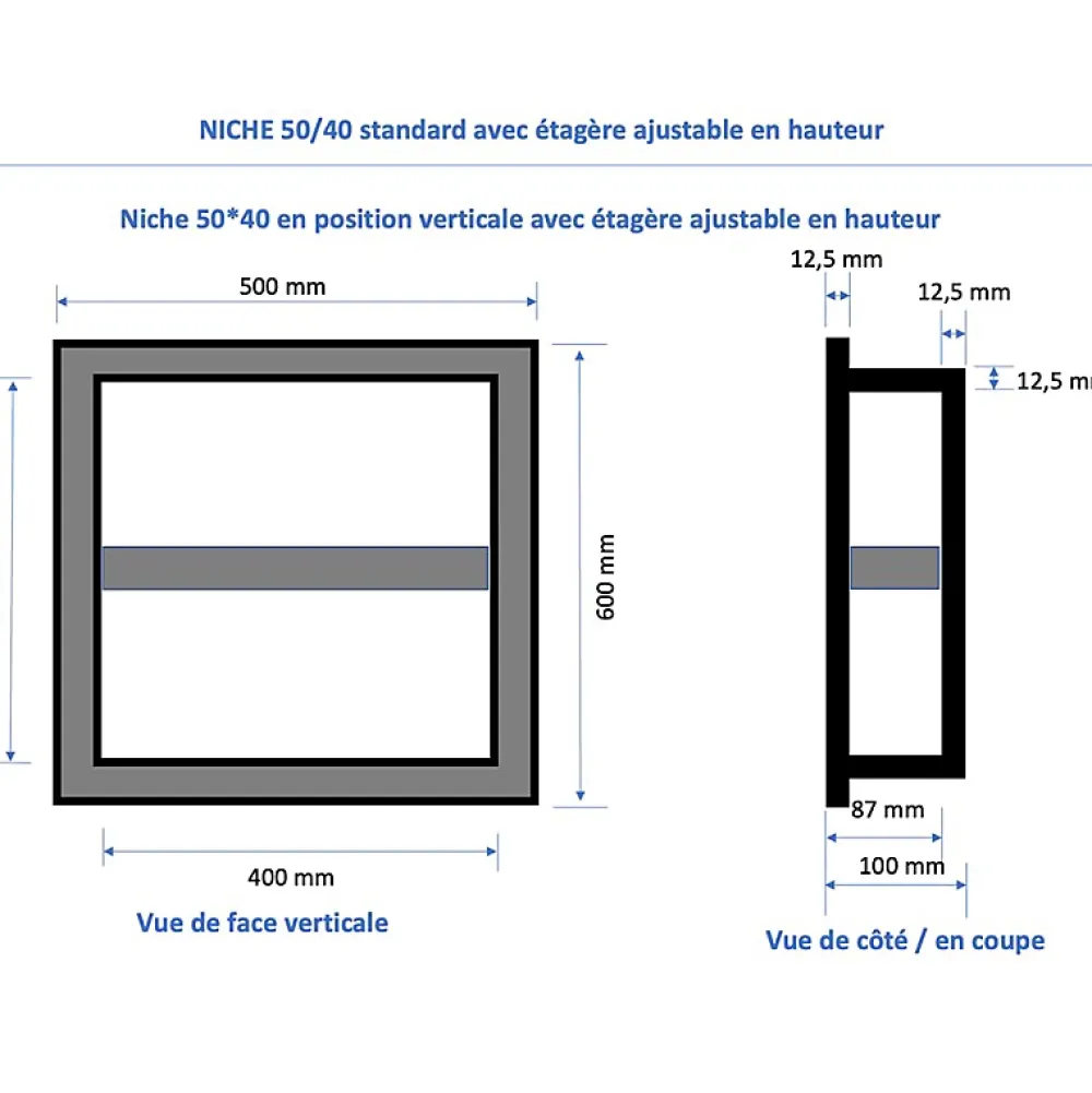 U-tile Lot de 2 niches à carreler étanches - formats intérieurs 50 x 40 cm - 9 cm de profondeur