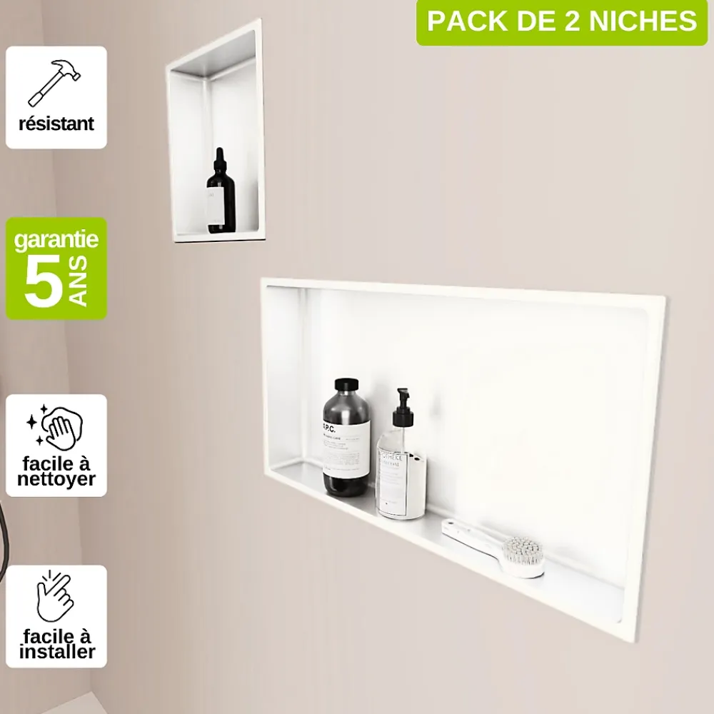 Italbox Lot de 2 Niches de Douche Blanc Satiné - 30x30 cm et 30x60 cm - Rangement Mural Salle de Bain - NOOK