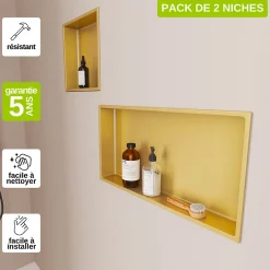 Niche De Salle De Bains|Italbox Lot de 2 Niches de Douche Or Satiné - 30x30 cm et 30x60 cm - Rangement Mural Salle de Bain - NOOK