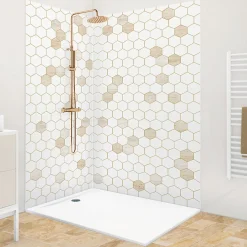 Panneau Mural De Salle De Bains|99Deco Lot de 2 panneaux de douche en PVC (90x220 & 120x220 cm) + profilés blanc - Hexa Travertin - Gris