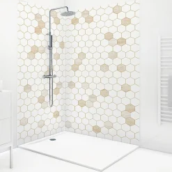 Panneau Mural De Salle De Bains|99Deco Lot de 2 panneaux de douche en PVC (90x220 & 120x220 cm) + profilés blanc - Hexa Travertin - Gris