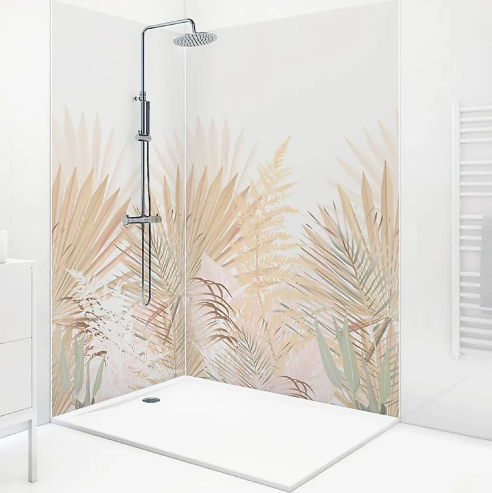 Panneau Mural De Salle De Bains|99Deco Lot de 2 panneaux de douche en PVC (90x220 & 120x220 cm) + profilés blanc - Motif végétal - Beige - Gaïa