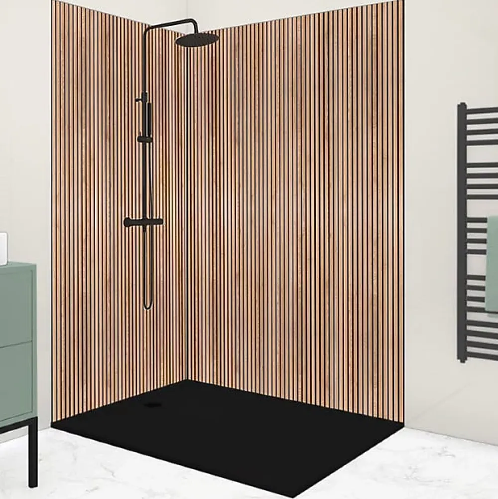99Deco Lot de 2 panneaux de douche en aluminium (90x220 & 120x220 cm) + profilés noir - effet bois - Japandi - Marron et noir