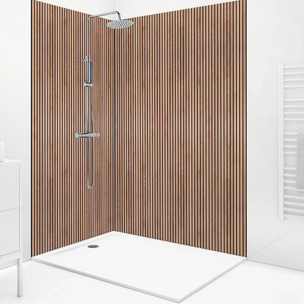 99Deco Lot de 2 panneaux de douche en aluminium (90x220 & 120x220 cm) + profilés noir - effet bois - Japandi - Marron et noir