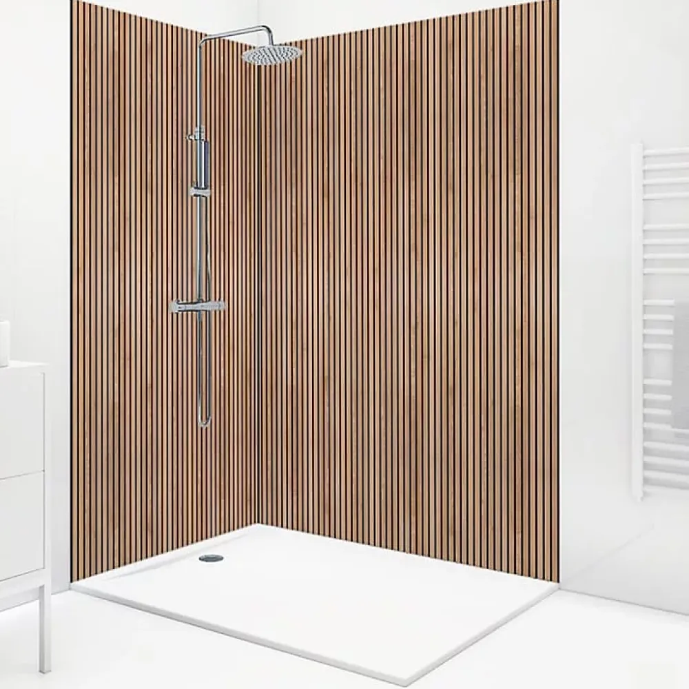 Panneau Mural De Salle De Bains|99Deco Lot de 2 panneaux de douche en PVC (90x220 & 120x220 cm) + profilés noir - effet bois - Japandi - Marron et noir